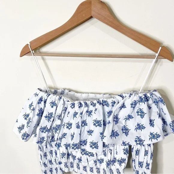 Caroline Constas Floral Off Shoulder Long Sleeves Lydia Top in Blue Toile Spot